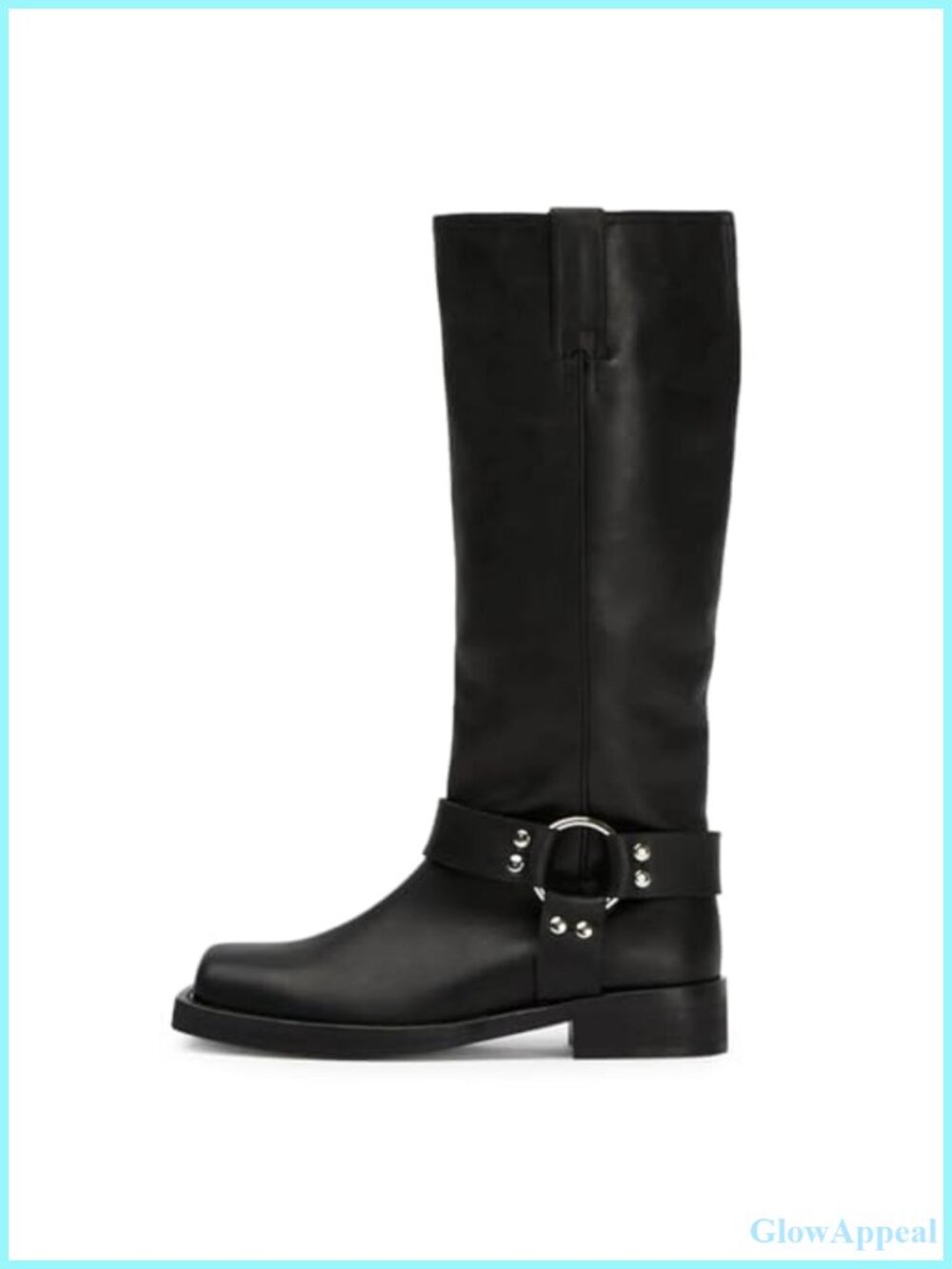 Women's Knee High Riding Boots Faux Leather Studded Biker Boots Block Heel Pull